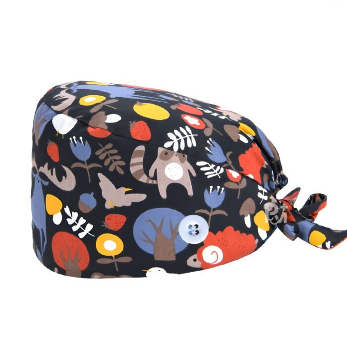 Bear Print Tie Back Scrub Cap - Adjustable Unisex for Medical Staff