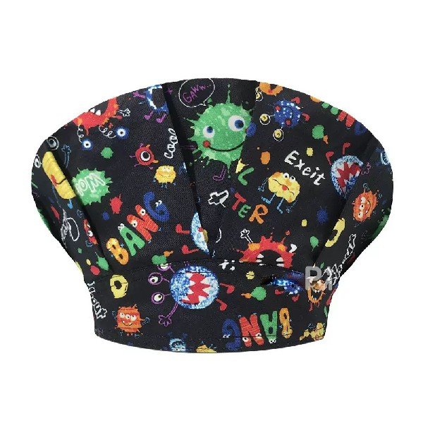 Cartoon Print Bouffant Scrub Caps Unisex with Buttons & Sweatband