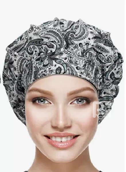Grey Printed Floral Bouffant Scrub Caps for Women with Buttons & Sweatband